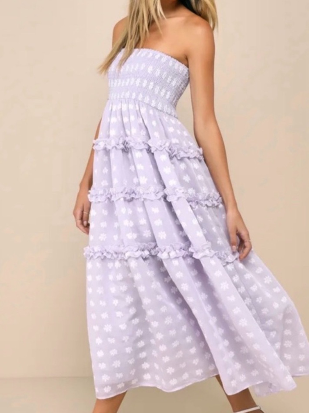 Lulu's Lavender Strapless Smocked Tiered Midi Dress